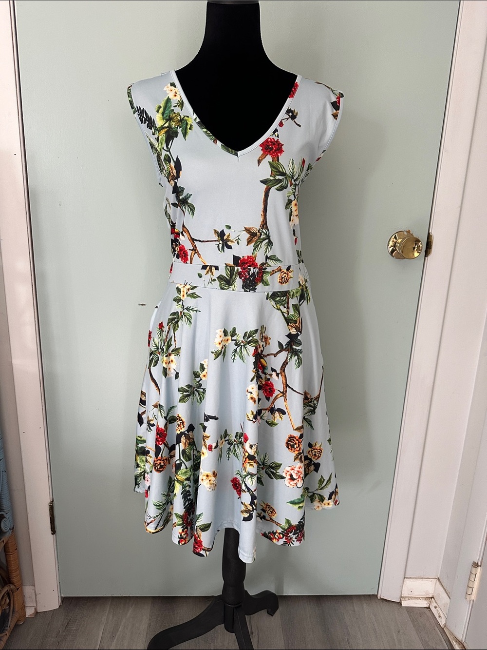 Light Blue Floral V-Neck Fit & Flare Dress